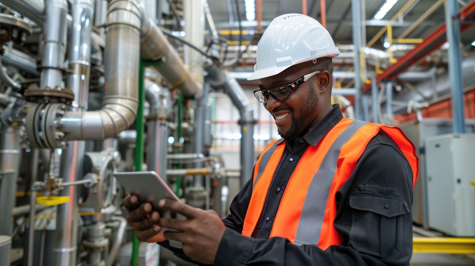 Experienced engineer in hard hat using a tablet, standing in an industrial plant with machinery in the background